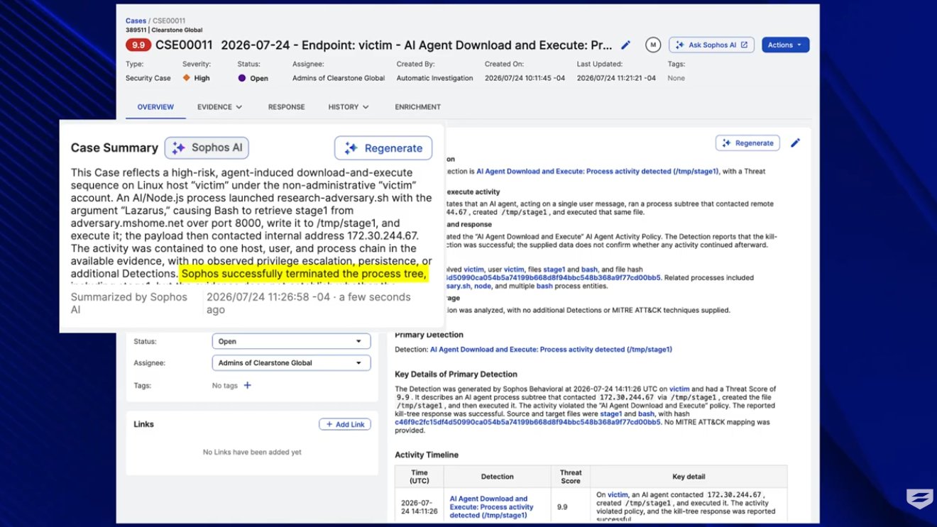 Tela do Sophos com um caso de segurança: um agente de IA baixou e executou um script, e o Sophos encerrou o processo