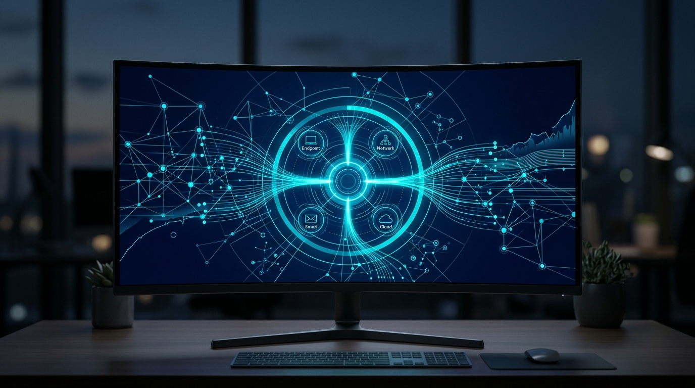 Painel unificado de segurança correlacionando dados de rede, endpoint e nuvem