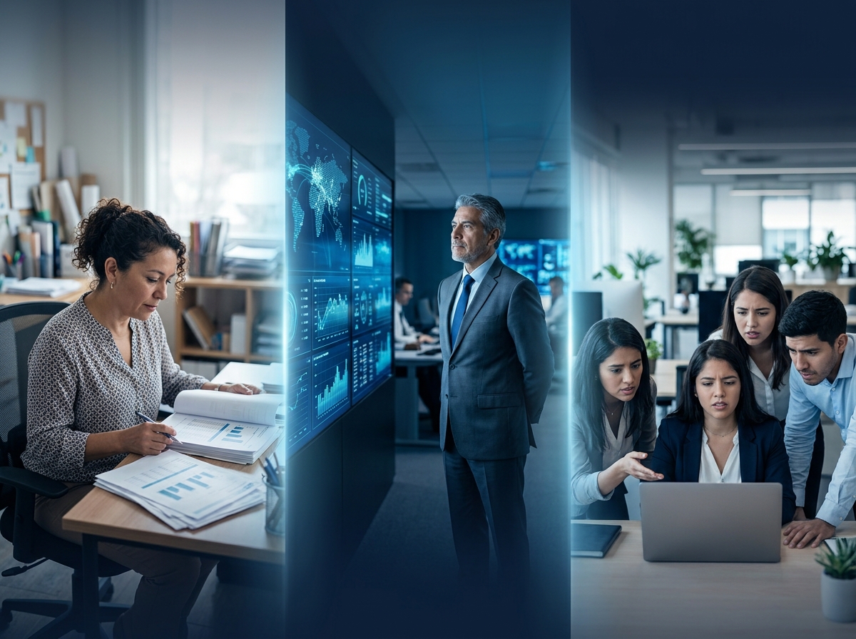 Tres escenas: dueño de pequeña empresa, CISO frente a un panel y equipo de TI bajo presión de compliance