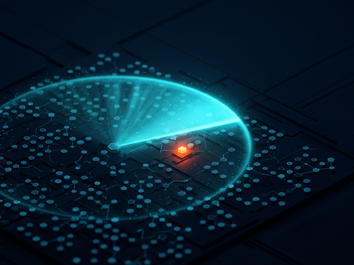 Radar em tons de ciano identificando uma ameaça entre múltiplos pontos monitorados
