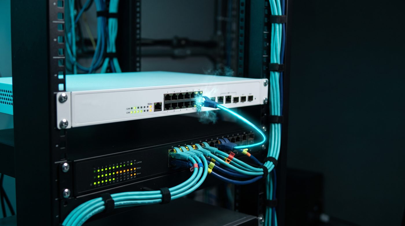 Rack de rede com um firewall de chassi branco acima de um switch, e um feixe de luz azul interrompido no firewall
