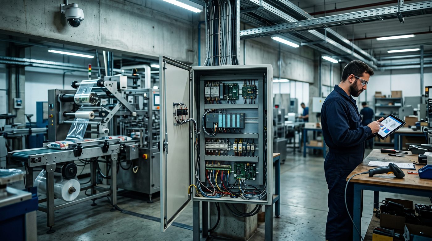 Chão de fábrica com um painel de controle industrial aberto, uma máquina de embalagem, uma câmera na parede e um técnico olhando um tablet