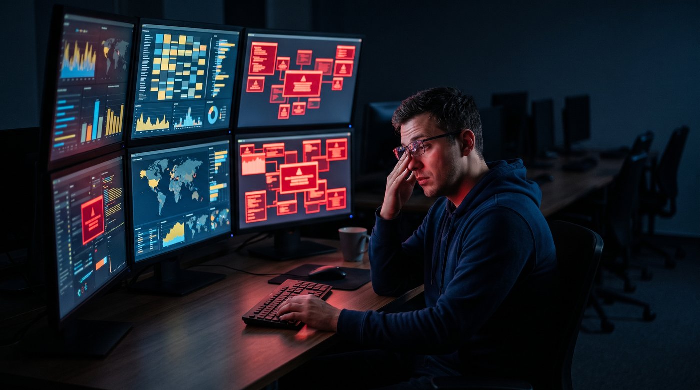 Analista de seguridad trabajando de madrugada frente a varios tableros desconectados con alertas en rojo