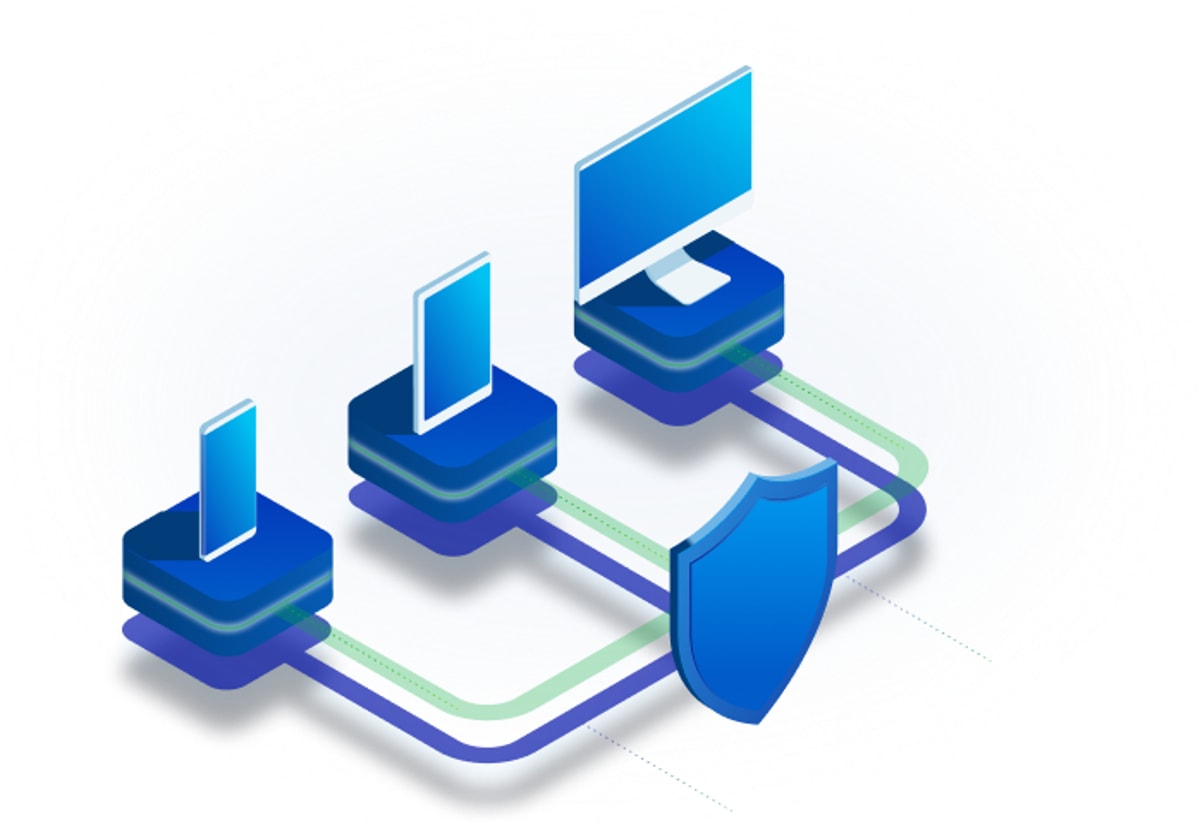 Ilustração de dispositivos protegidos por um escudo de segurança, representando os planos de proteção Sophos