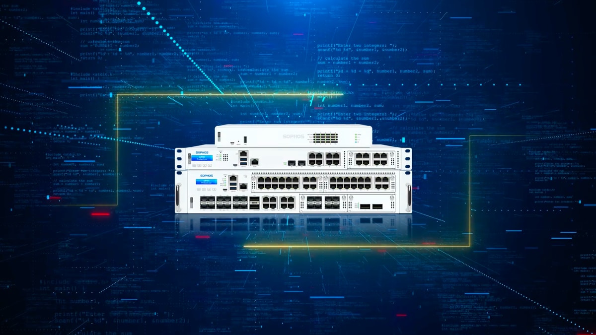 Appliances Sophos Firewall com trilhas de dados digitais, representando a migração de outro fabricante para o Sophos XGS