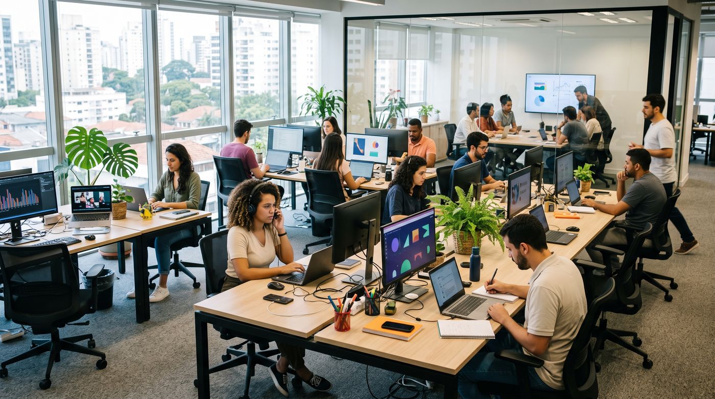 Escritório de uma empresa de porte médio com muitas pessoas trabalhando em notebooks e em videochamadas