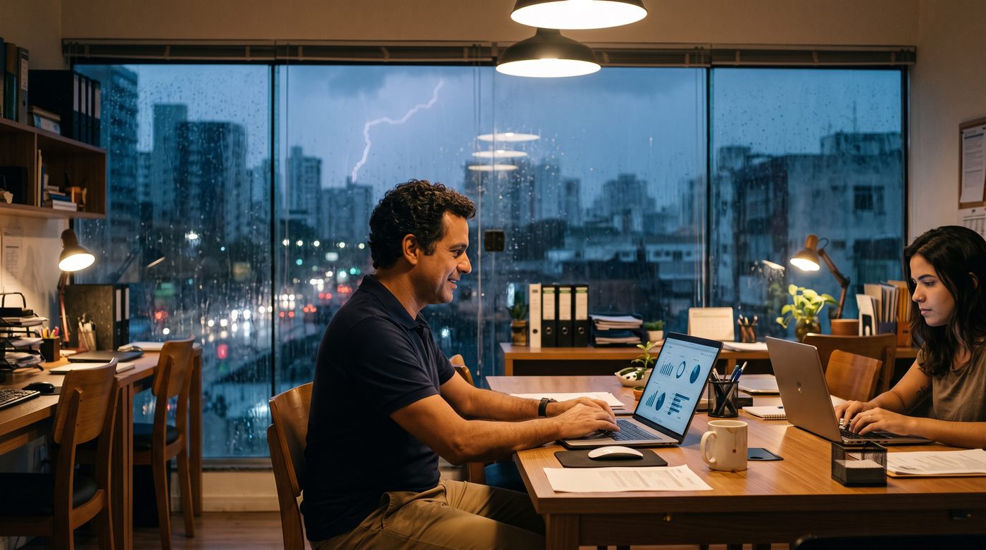 Escritório pequeno com as luzes acesas durante um temporal, com o gerente trabalhando tranquilo no notebook ao lado de um colega
