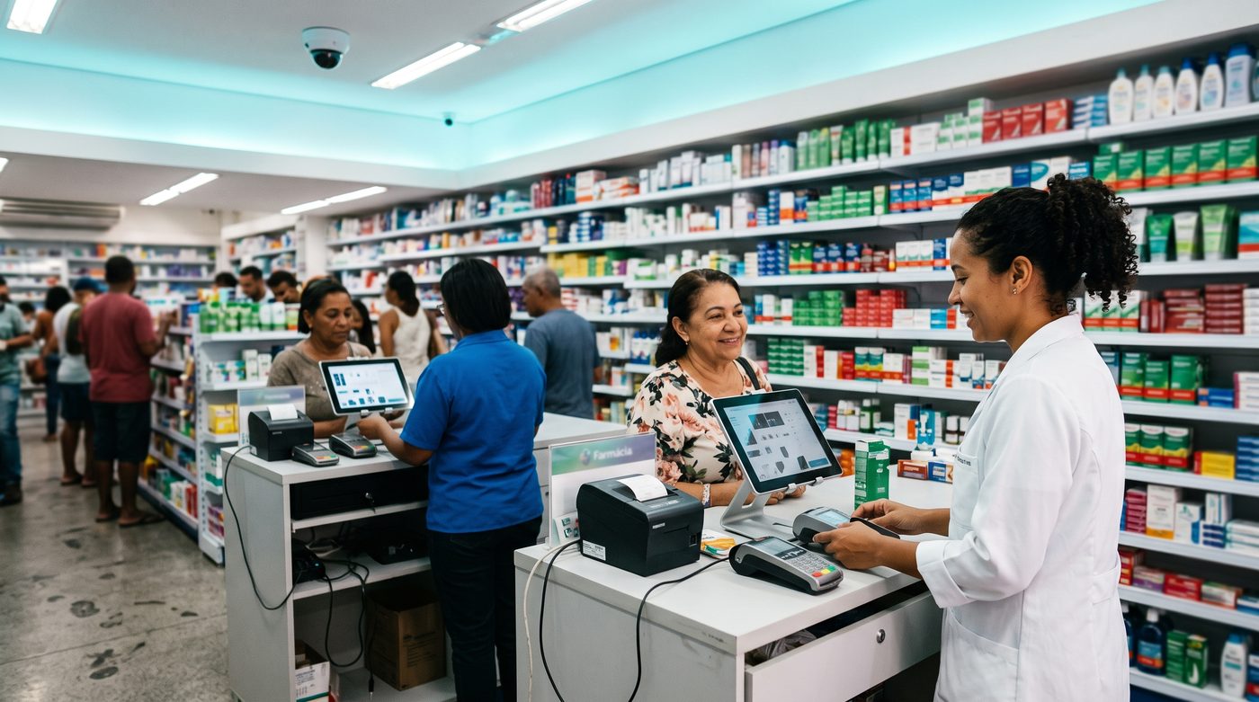 Farmácia de bairro movimentada, com a farmacêutica atendendo um cliente no caixa, maquininhas de cartão e uma câmera de segurança no teto