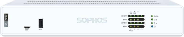 Painel frontal do appliance Sophos XGS 108, com console micro-USB, porta USB 2.0, os LEDs das 6 portas e da SFP e os LEDs de status e das duas fontes