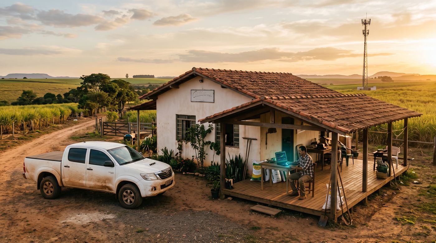 Escritório de uma fazenda no interior, com uma torre de celular no horizonte, e um gestor trabalhando no notebook na varanda