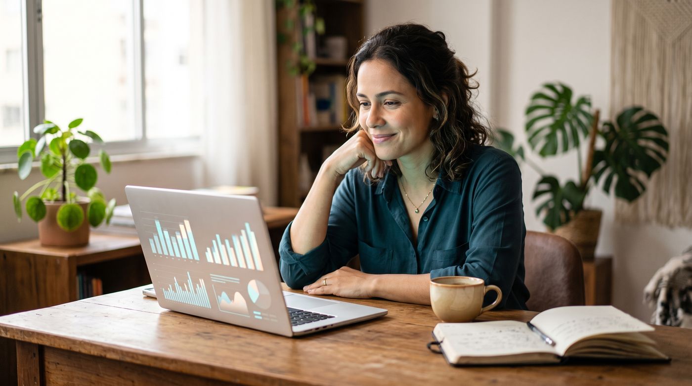 Empresária revisando com tranquilidade o orçamento mensal da empresa no notebook
