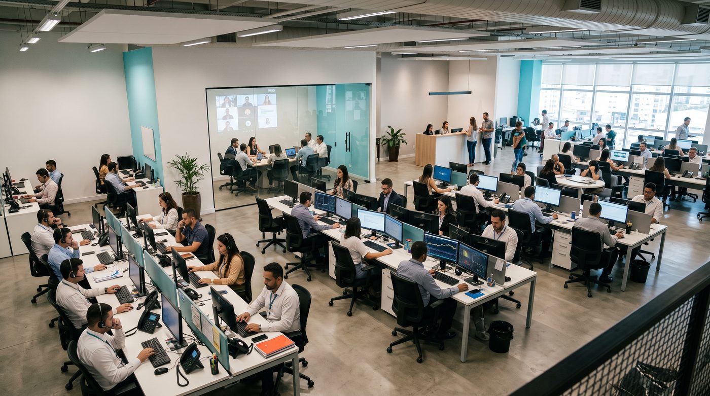 Filial grande com cerca de quarenta pessoas em vários setores: atendimento, financeiro, sala de reunião envidraçada e recepção ao fundo