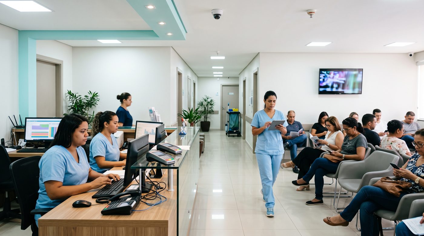 Recepção movimentada de uma clínica, com atendentes, maquininhas de cartão, pacientes na sala de espera e uma câmera de segurança no teto