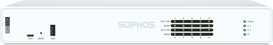 Painel frontal do appliance Sophos XGS 118, com console micro-USB, porta USB 2.0, os LEDs das 9 portas e da SFP e os LEDs de status