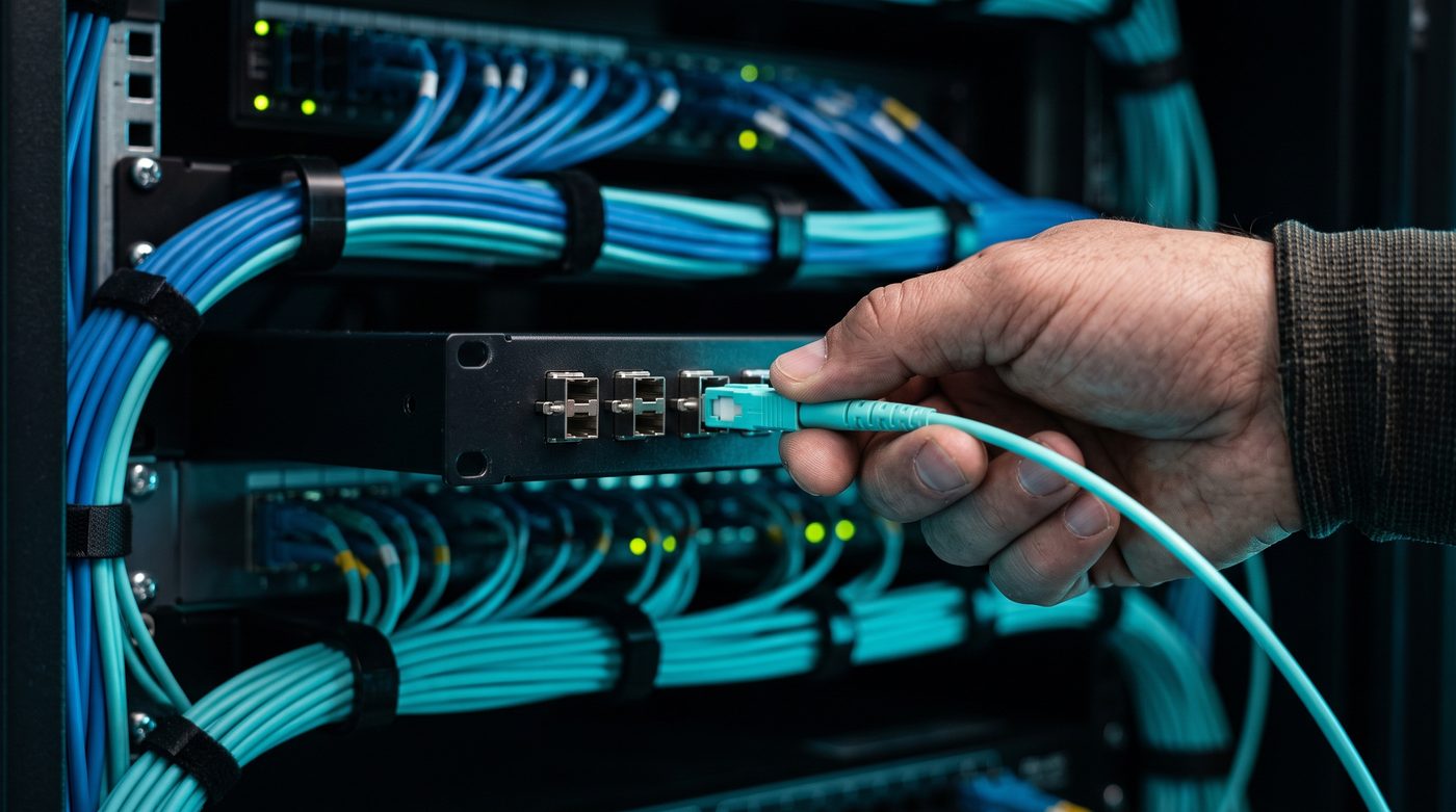 Mãos de um técnico conectando um cabo de fibra óptica num painel dentro de um rack de parede