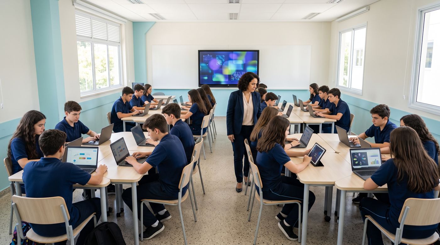 Sala de aula de uma escola particular com alunos usando notebooks e tablets e uma professora circulando entre as mesas