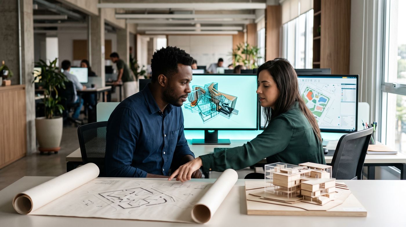 Dois projetistas num escritório de engenharia trabalhando em monitores grandes com um modelo 3D de edifício e uma planta