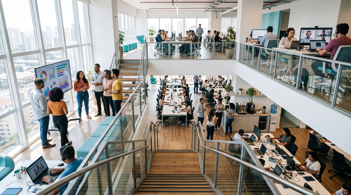 Sede de uma empresa média em dois andares, com equipes em videochamada e um grupo reunido diante de uma tela grande com gráficos