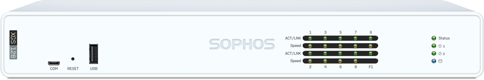 Painel frontal do appliance Sophos XGS 128, com console micro-USB, porta USB 2.0, os LEDs das 9 portas e da SFP e os LEDs de status