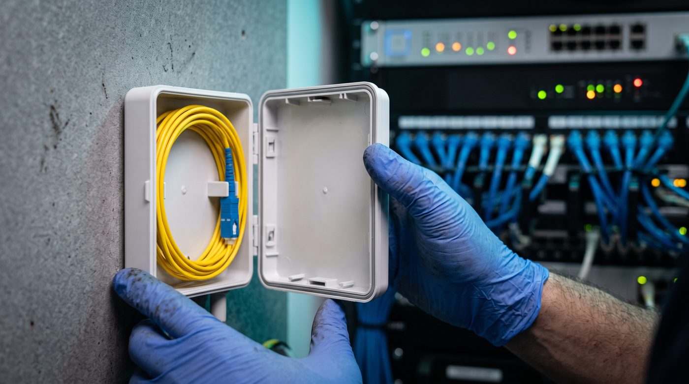 Técnico de luvas abrindo uma caixa de terminação de fibra óptica na parede, com o cordão de fibra enrolado dentro e o rack de rede da filial ao fundo