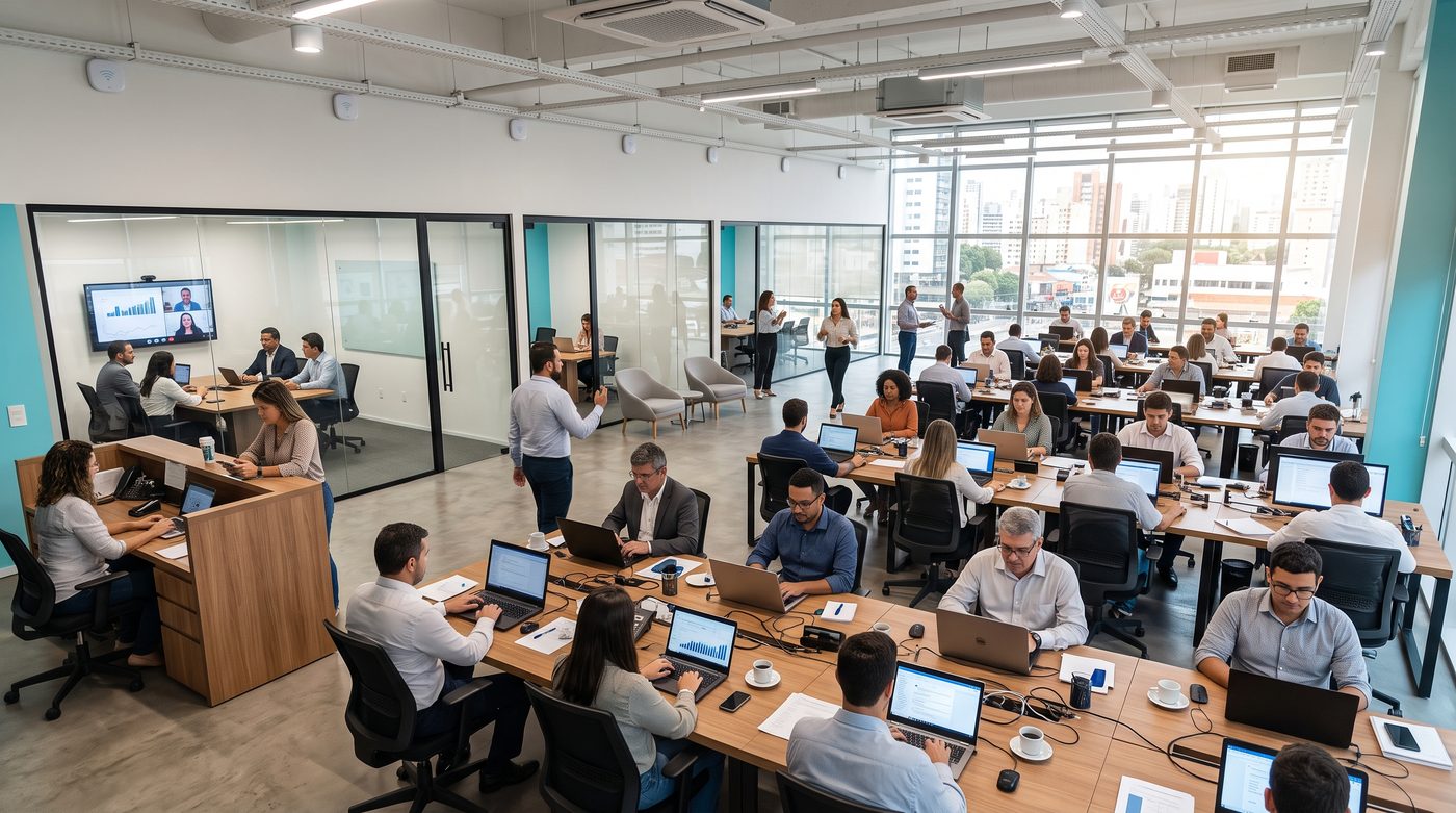 Filial regional movimentada, com estações de trabalho, balcão de atendimento e uma sala de reunião envidraçada ao fundo