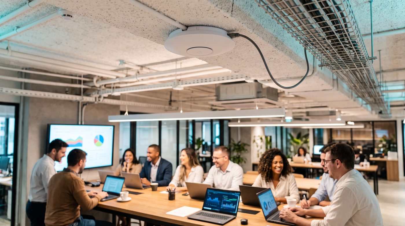 Access point no teto de uma área de trabalho compartilhada, ligado por um único cabo de rede, com pessoas usando notebooks abaixo