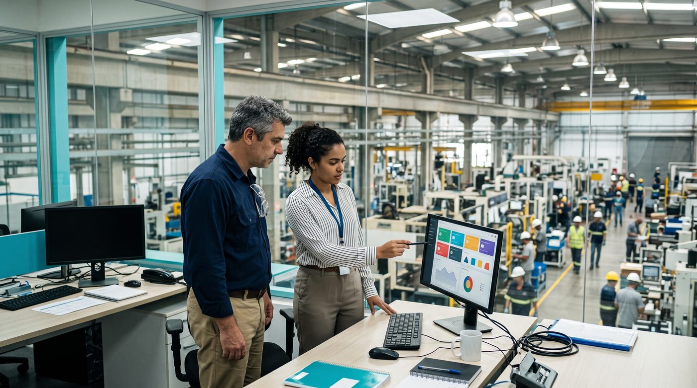 Supervisor de produção e técnica de TI no escritório envidraçado de uma fábrica, olhando um painel de status das máquinas, com a linha de produção ao fundo
