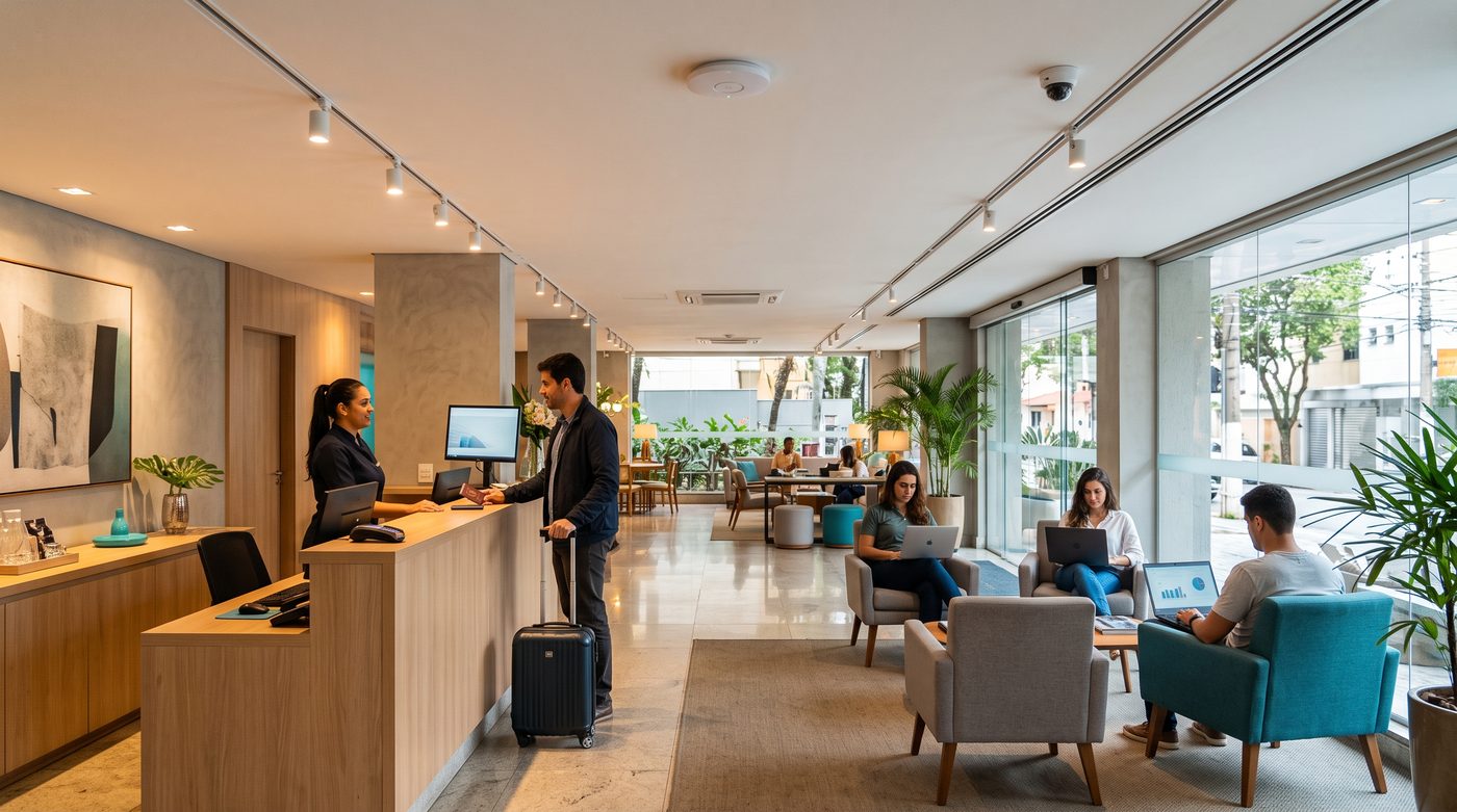 Recepção de um hotel com a recepcionista atendendo um hóspede e, no teto, um access point e uma câmera de segurança
