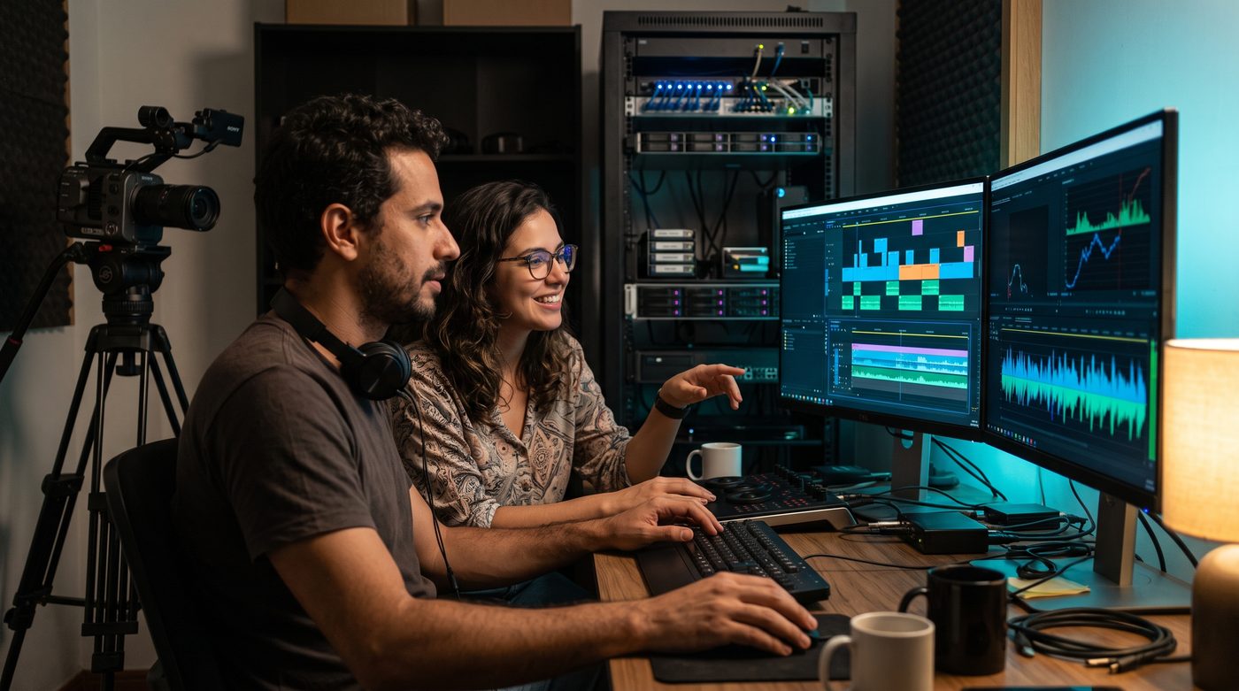 Editor de vídeo e produtora diante de dois monitores com uma linha do tempo de edição, numa sala de edição com o servidor de arquivos ao fundo