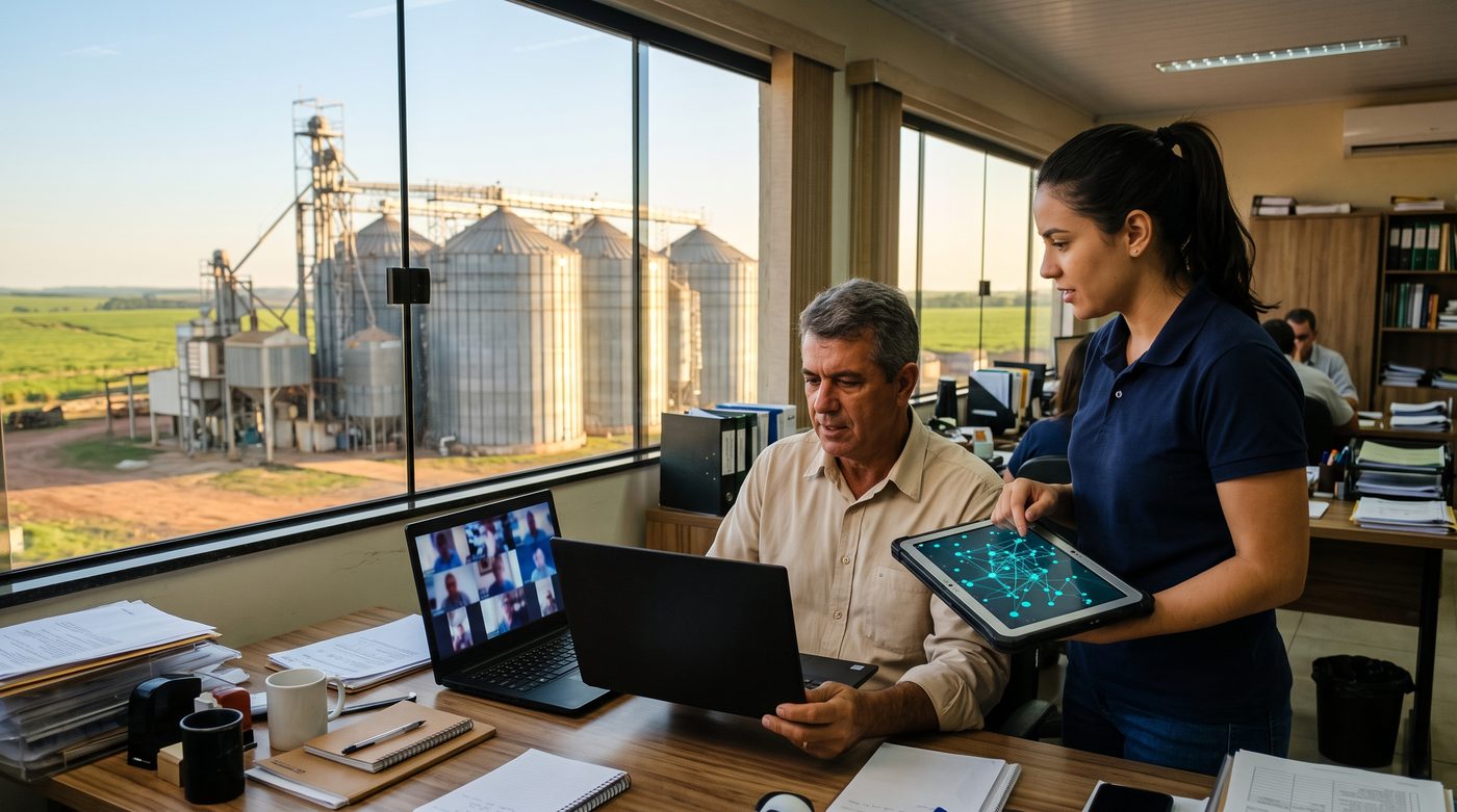 Gerente de uma cooperativa agrícola em videochamada no notebook, com a coordenadora de TI mostrando num tablet uma rede de pontos conectados; pela janela, silos de grãos e plantação