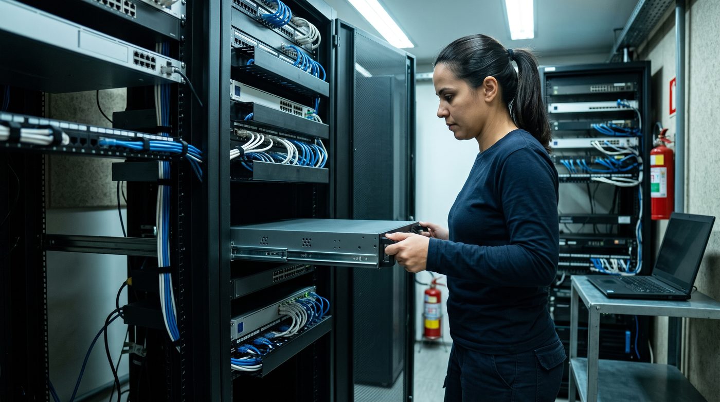 Técnica de redes encaixando um appliance de rack de 1U nos trilhos de um rack de 19 polegadas, com cabos de rede organizados e um notebook numa bancada ao lado