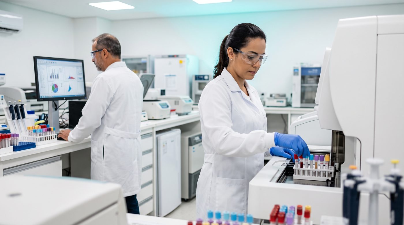 Biomédica carregando tubos de amostras num analisador automático de um laboratório de análises clínicas, com um colega conferindo gráficos de resultados no monitor