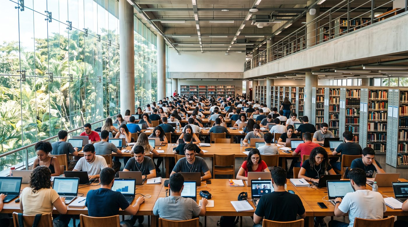 Biblioteca de uma universidade com muitos estudantes estudando em notebooks e em videochamadas, com um access point no teto