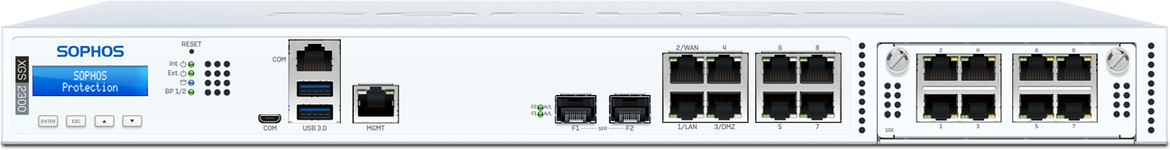 Painel frontal do appliance de rack Sophos XGS 2300, com display LCD, console micro-USB e RJ45, duas USB 3.0, porta MGMT, duas portas SFP, oito portas GbE e a baia Flexi Port com um módulo de 8 portas