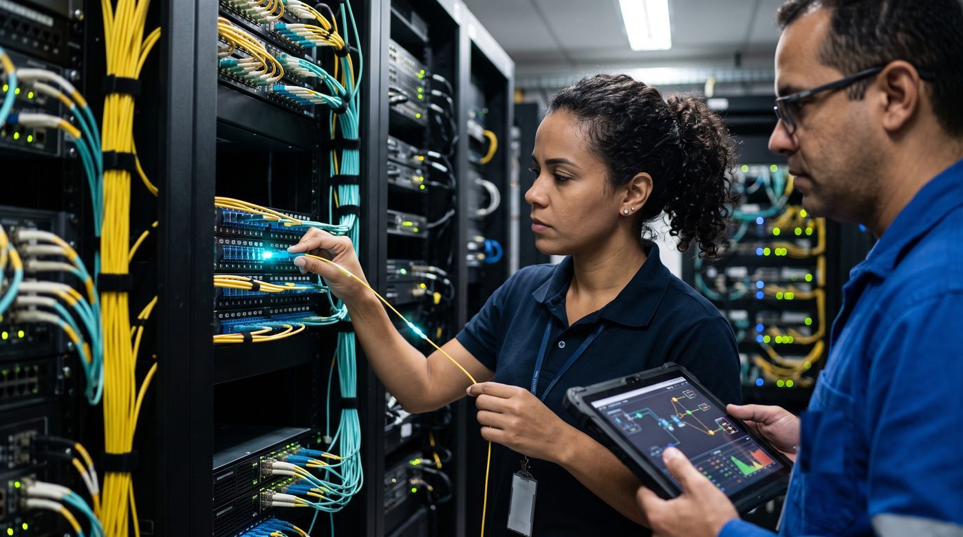 Técnica de redes conectando um cabo de fibra óptica no patch panel da sala de servidores, com um colega ao lado segurando um tablet com o diagrama da rede