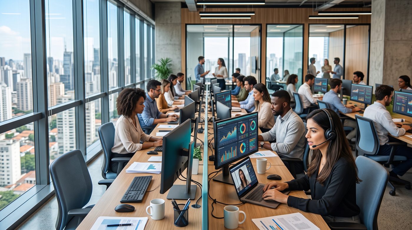 Escritório de uma empresa de serviços financeiros com analistas em mesas longas diante de dois monitores com gráficos e uma analista em videochamada