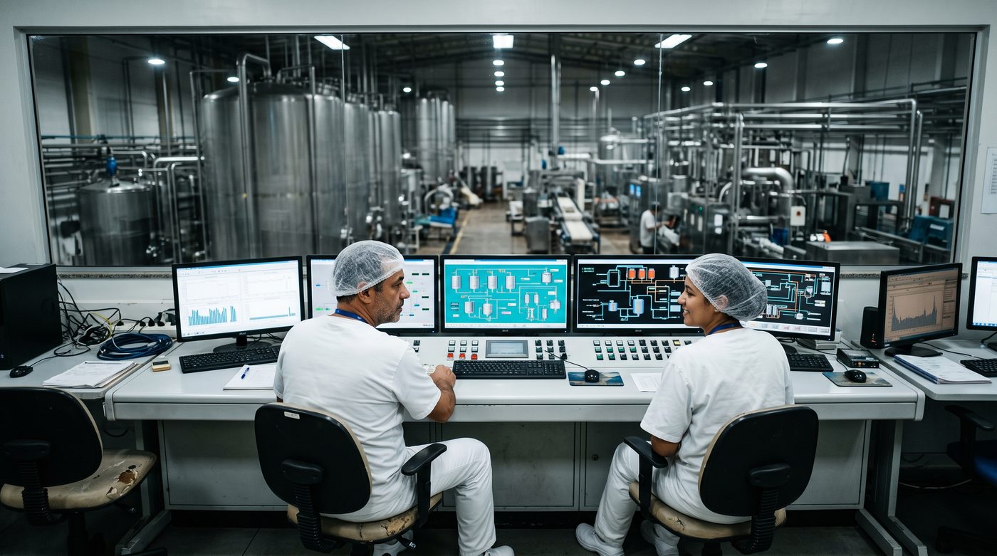 Dois operadores na sala de controle de uma indústria de alimentos, diante de monitores com o diagrama do processo, com os tanques e a linha de produção ao fundo