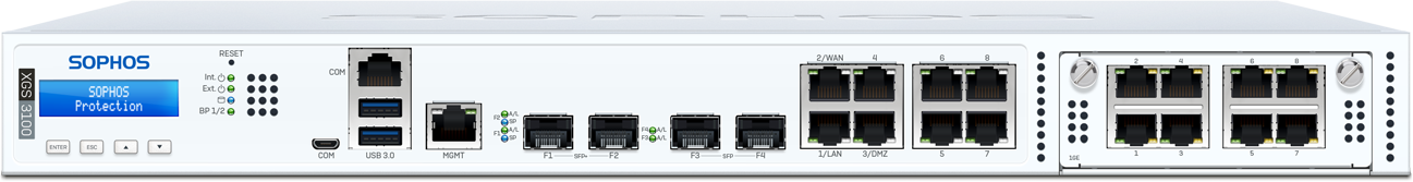 Painel frontal do appliance de rack Sophos XGS 3100, com display LCD, console micro-USB e RJ45, duas USB 3.0, porta MGMT, duas portas SFP+ e duas SFP, oito portas GbE e a baia Flexi Port com um módulo de 8 portas