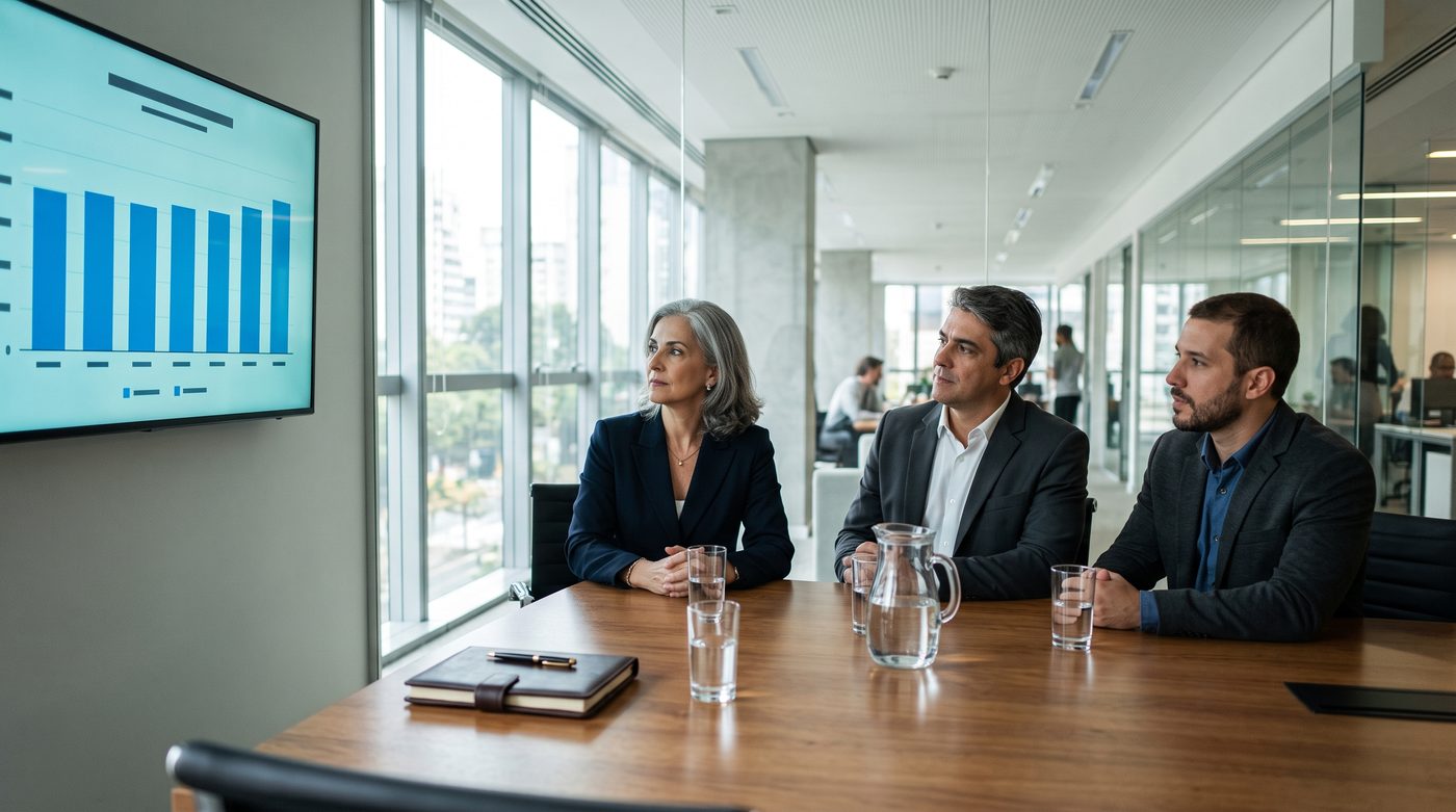 Reunião de diretoria com a presidente, o diretor financeiro e o diretor de TI olhando numa tela um gráfico de custos mensais iguais