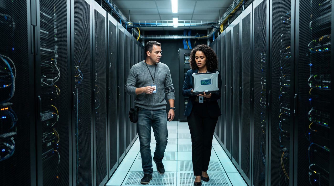 Engenheiro e gerente de infraestrutura caminhando no corredor de um datacenter corporativo entre duas fileiras de racks