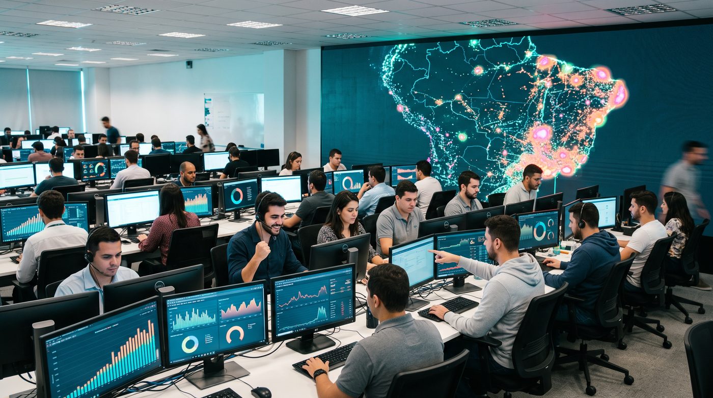 Equipe de operação de e-commerce de uma rede de varejo acompanhando nos monitores os gráficos de acesso subindo num dia de promoção