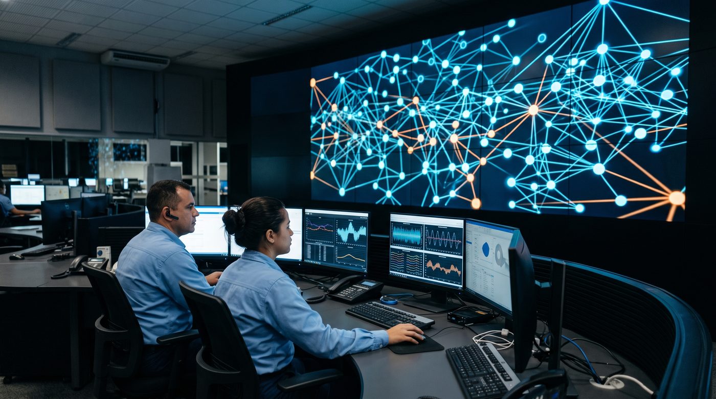 Operadores no centro de operações de uma distribuidora de energia diante de um painel de vídeo com o mapa das subestações conectadas