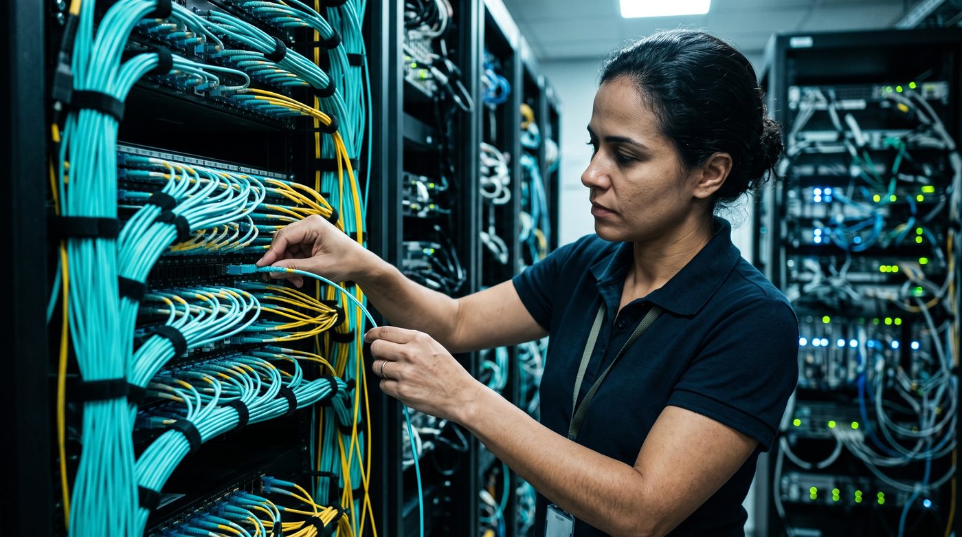 Engenheira de redes conectando um cordão de fibra óptica num patch panel da sala do núcleo da rede