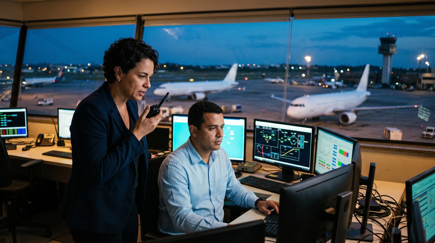 Supervisora e operador no centro de controle de operações de um aeroporto ao entardecer, com aviões estacionados no pátio
