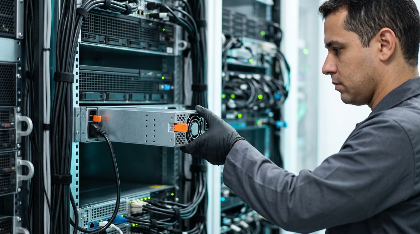 Técnico de datacenter encaixando um módulo de fonte de alimentação hot-swap na traseira de um rack, com os equipamentos ligados