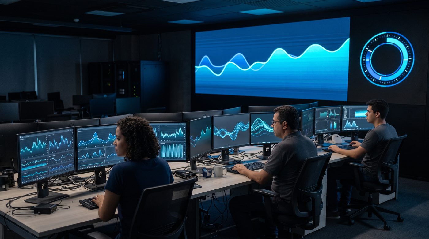 Analistas na sala de operações de uma empresa de pagamentos, à noite, acompanhando gráficos de volume de transações nos monitores