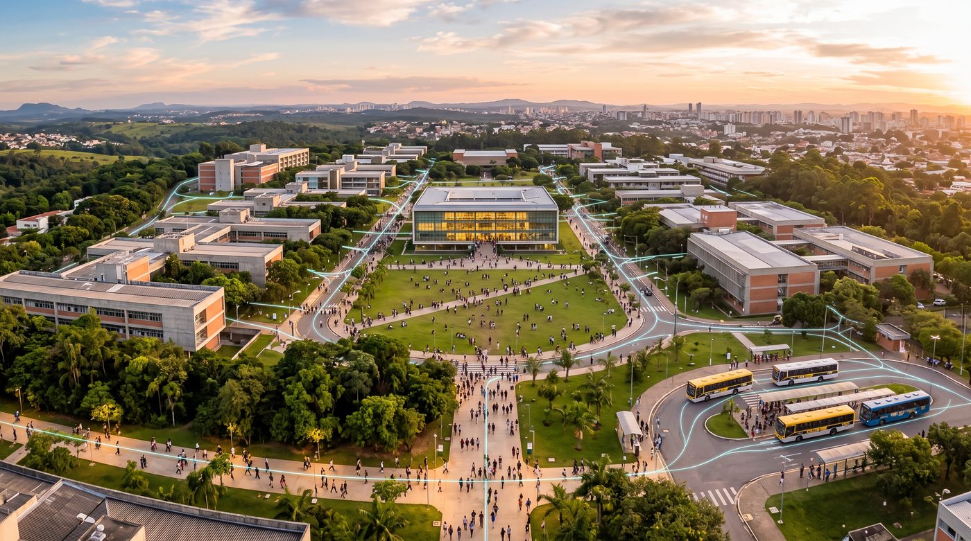 Vista do alto de um campus universitário ao entardecer, com prédios, biblioteca, gramado, ônibus e estudantes circulando