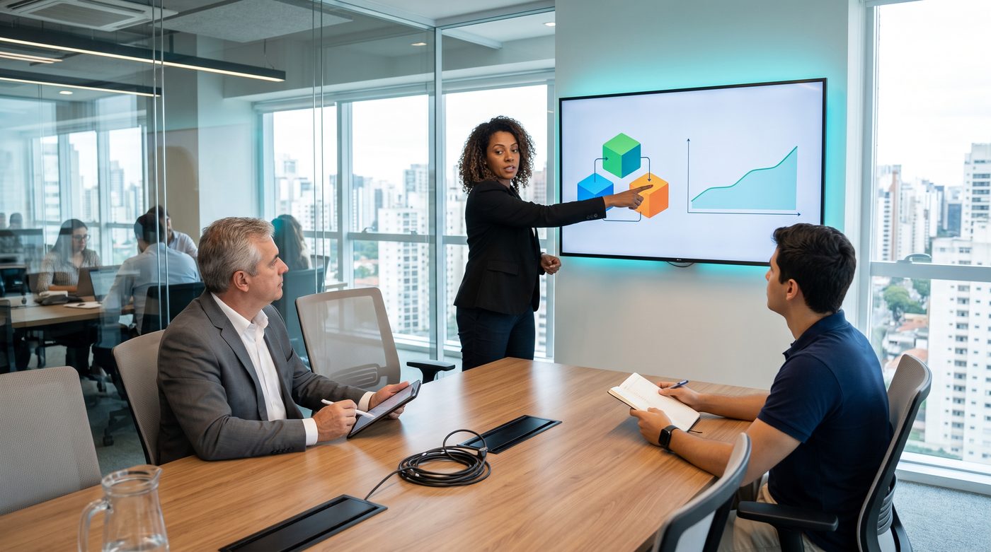 Gerente de infraestrutura apresenta um diagrama de três blocos na tela para o diretor financeiro e um engenheiro de redes numa sala de reunião envidraçada
