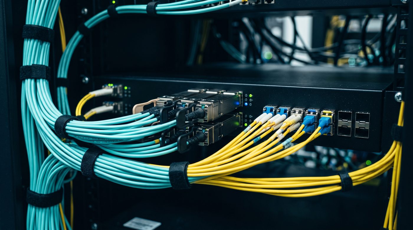 Feixes de cabos de fibra óptica aqua e amarelos, com transceptores, chegando ao núcleo da rede num rack de datacenter