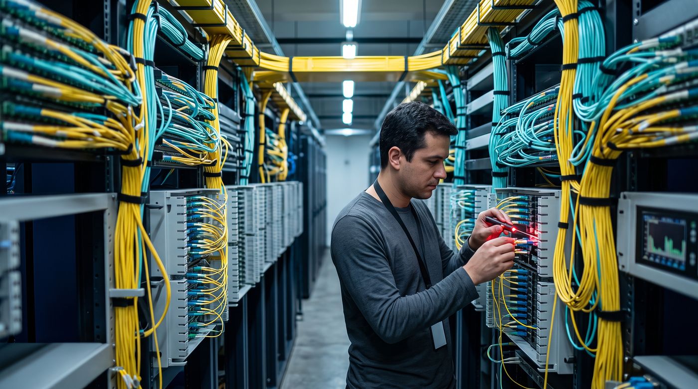 Engenheiro de redes confere um cordão de fibra óptica numa sala de cross-connect de datacenter, com centenas de fibras amarelas e aqua nas bandejas